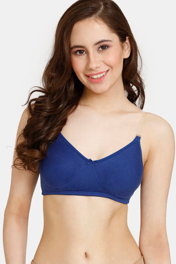 Buy Rosaline Everyday Double Layered Non Wired Medium Coverage T-Shirt Bra With Transparent Straps - Sodalite Blue